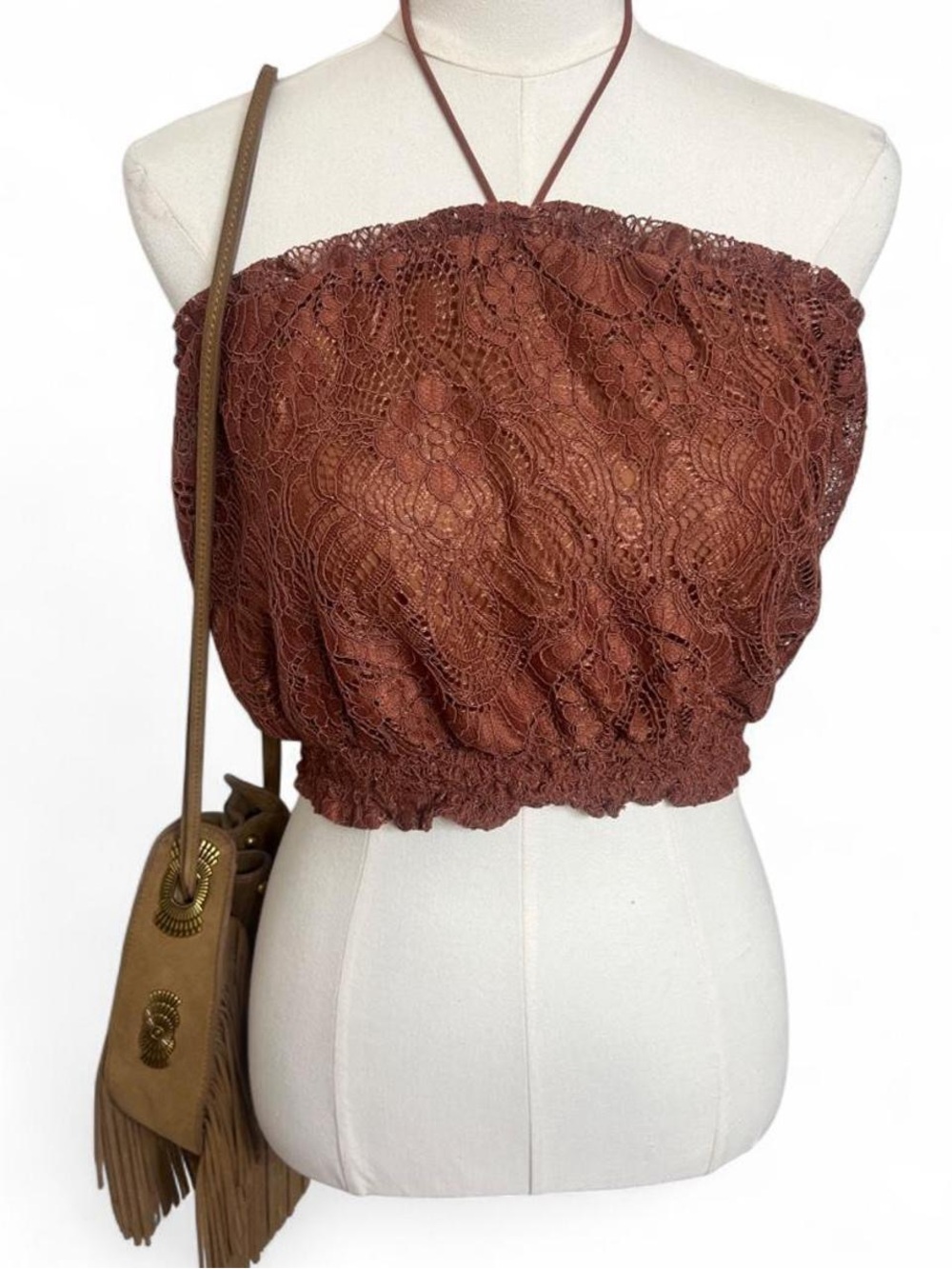 Brown floral lace halter crop tank tube top cottage core boho fall autumn spring